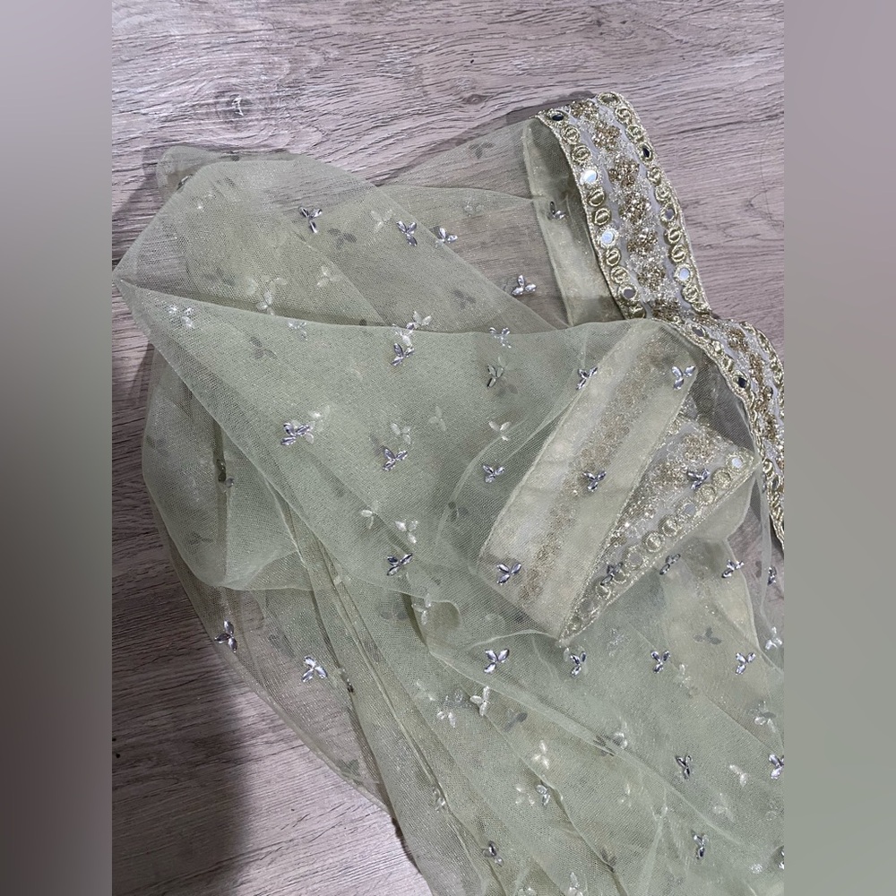 Elegant Sheer Shawl with Gold Embellishments Indian Shawl Dupatta Zari Green - Picture 4 of 4